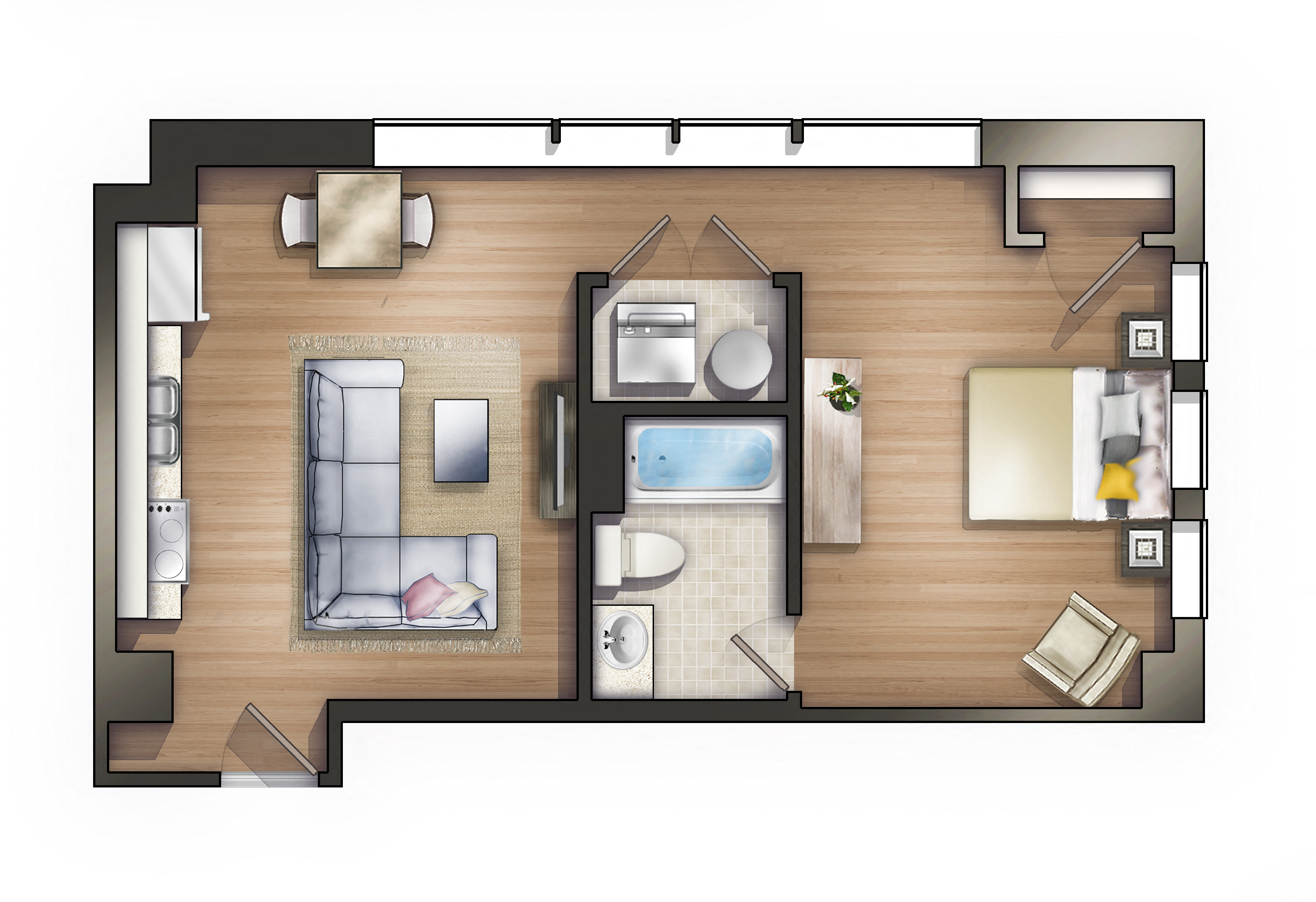 Floor plan for 1 bed, 1 bath, 699 sqft